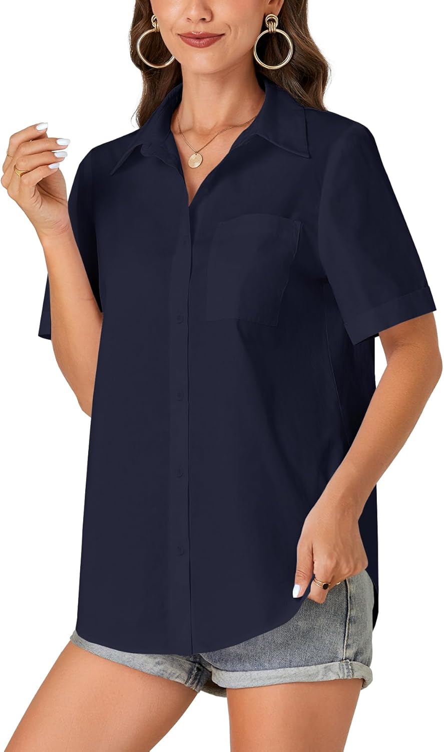 KIFOVEN Women’s Short Sleeve Button Down Shirt Collared Cotton Casual Summer Blouse Top with Pocket Navy Blue Large - Image 3