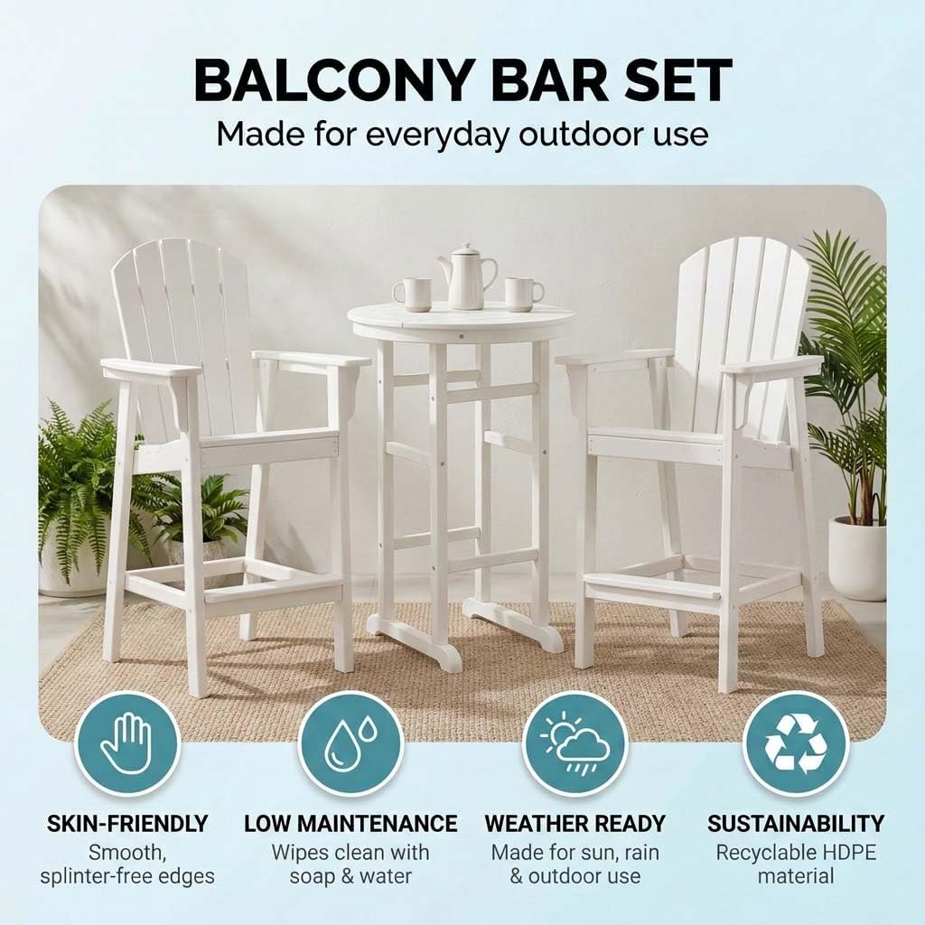 WILLIAMSPACE Height Patio Bar Table Set of 3, Outdoor Round Bar Table with Umbrella Hole, 2 Bar Stools with Cup Holders, 3-Piece All-Weather Outdoor Bistro Set for Kitchen Outside (White)
