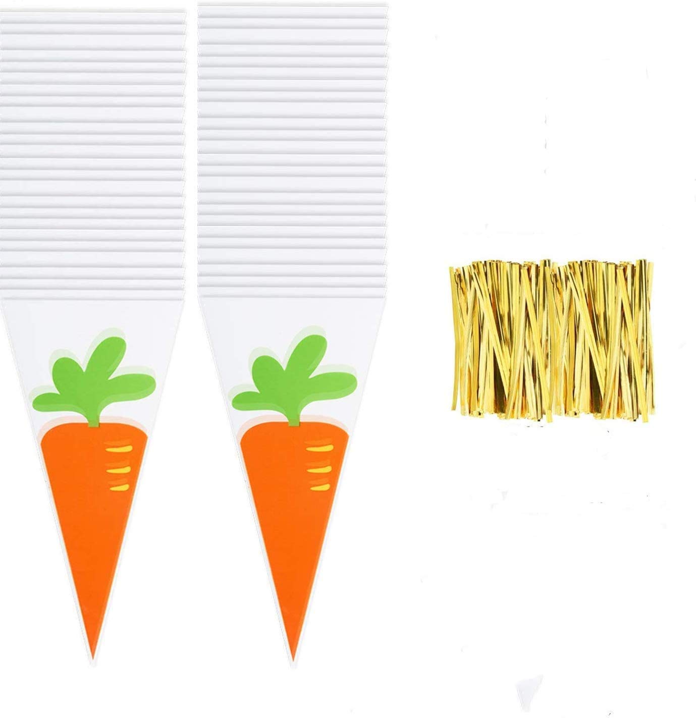 Byou Gold Cone Cellophane Bags,Clear Sweet Cones 100 Pieces Carrot Patterned Treat Candy Bags With Twist Ties For Easter Party Favor Crafts Snack Cookie Popcorn Storage