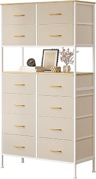 Tall Chest of 12 Drawers bedroom, Storage Cabinet Fabric Beige