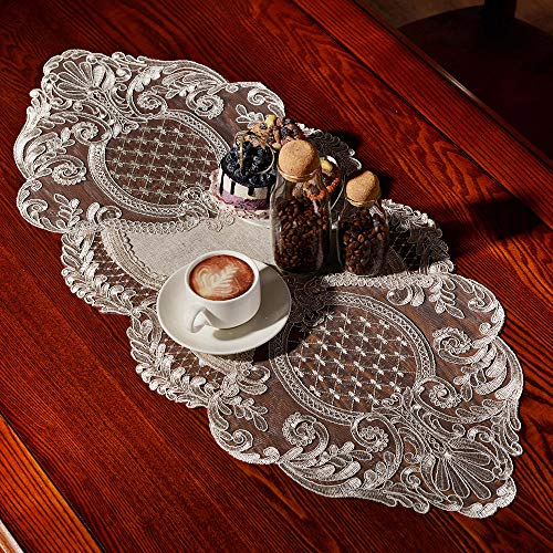 ARTABLE Lace Table Runner Rectangle Gray Cotton Linen Fabric Dresser Scarf with Exquisite Macrame Embroidery Table Runners for Kitchen Home Wedding Party Dining Decoration (Stone Gray, 16 x 35 Inch)