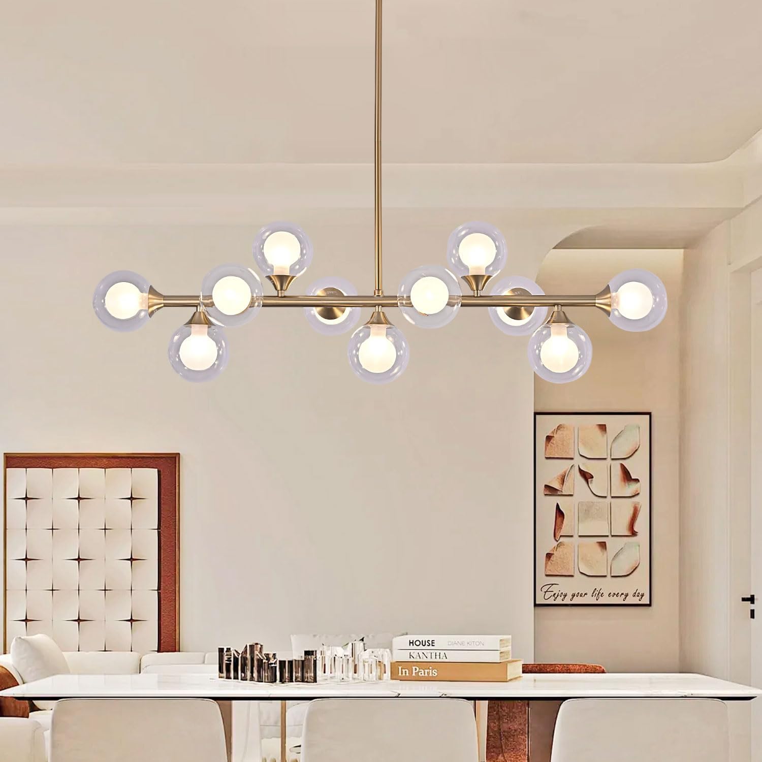 Gold Linear Chandelier 11-Light Globe Pendant Fixture with Bubble Glass Ball Sputnik Chandelier for Kitchen Island, Dining Room Lighting Over Table