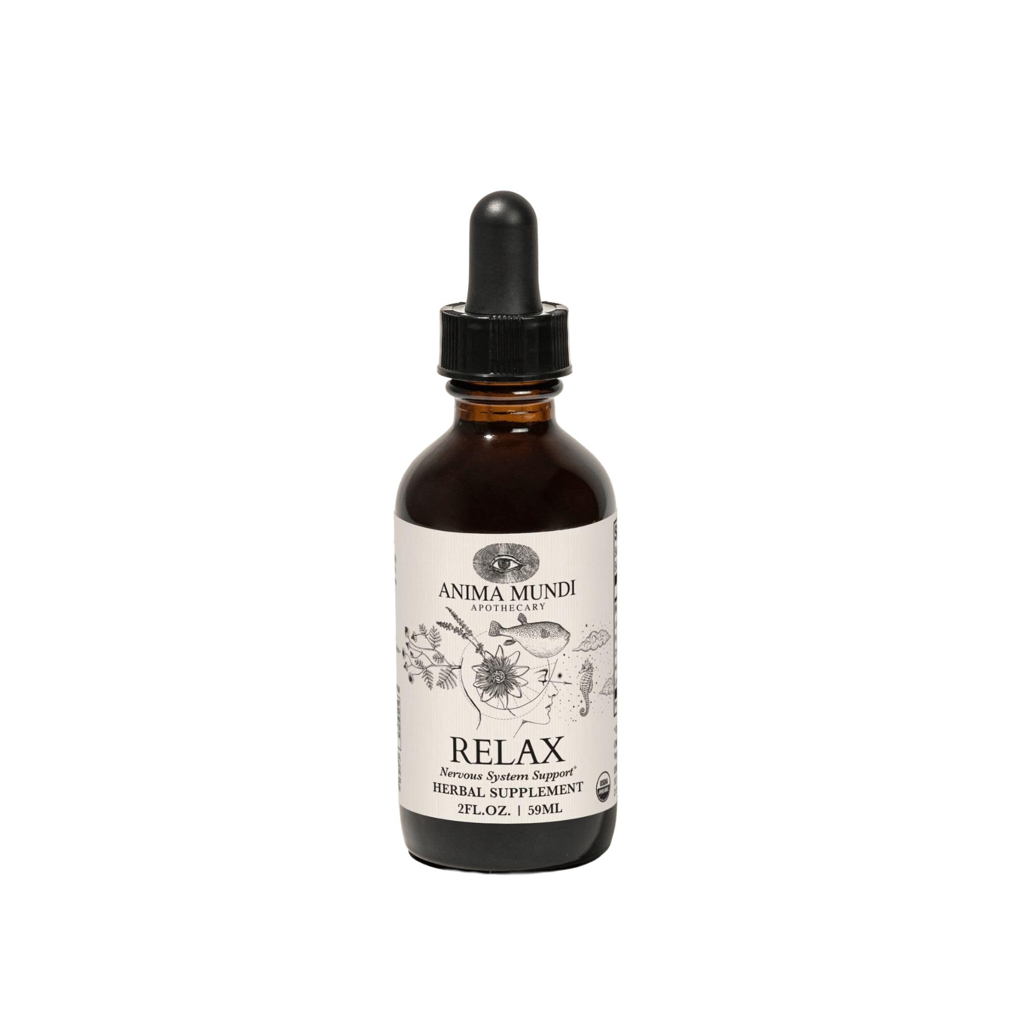 Anima Mundi Apothecary Relax Tonic Nervous System Support - Natural Calm Aid & Mood Enhancer - Achieve Stress Relief with Lemon Balm, Passionflower, Chamomile, Ashwagandha Root & Lavender (2 fl oz)