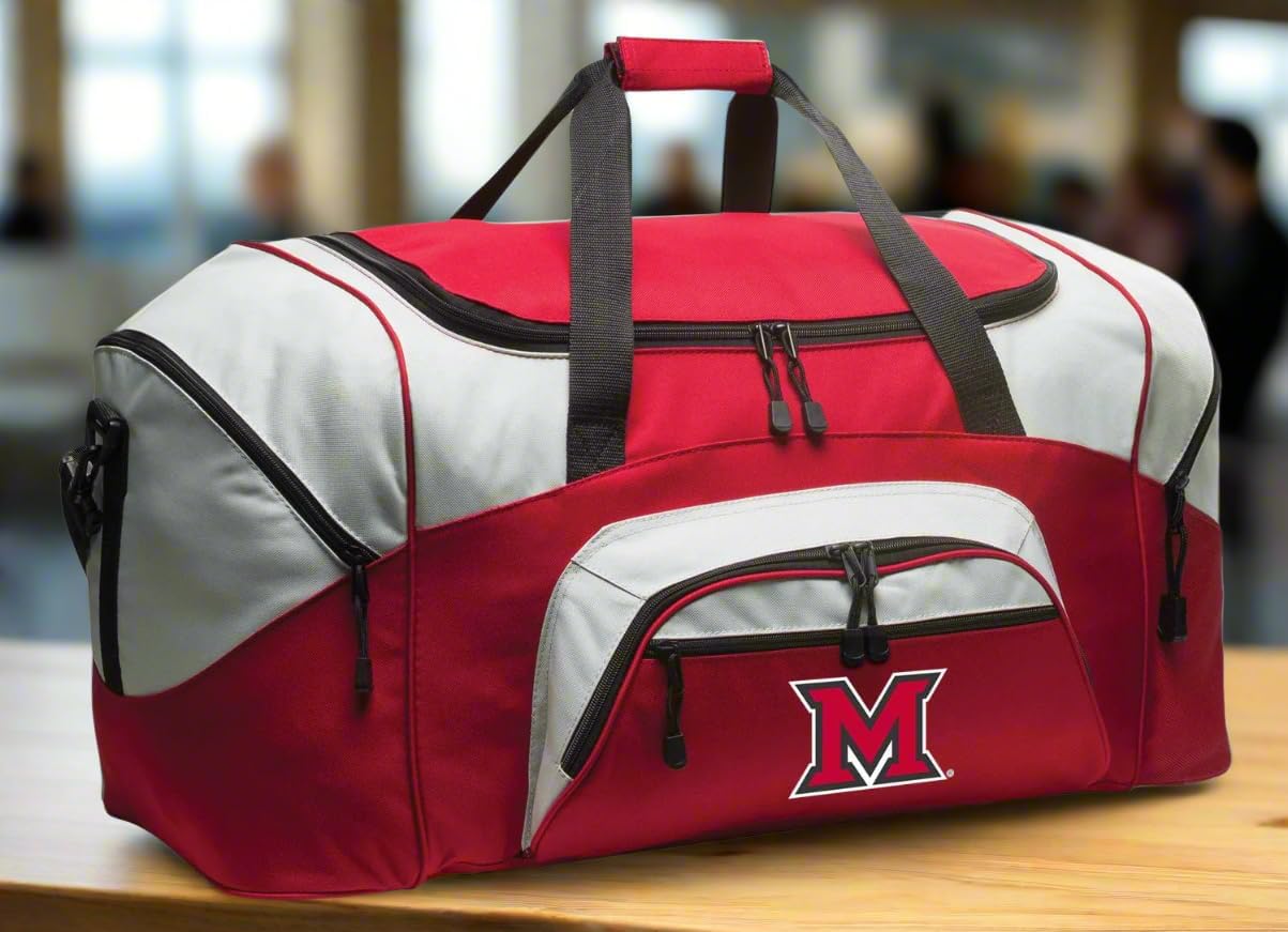 LARGE Miami RedHawks Duffel Bag - Miami University Suitcase for Travel or Miami of Ohio Sports Gear Bag (Red)