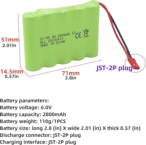 Miniatura 2 de sea jump Batería recargable AA de 6.0 V 2800 mAh con enchufe JST-2P y cable de carga USB para Huina 540 Dump 520 RC Bulldozer y 510 Excavadora 540