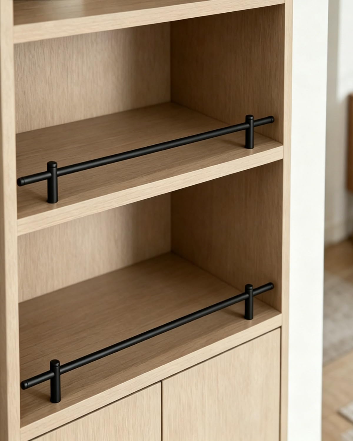 Blazea Matte Black 2 Pack Anti-Tipping Shelf Rails For Wooden Racks, Modern Decorative Bookshelves Guard Rail With 2 Spindles, Thin Aluminum Cabinet Barrier Rod(,23In(58Cm))