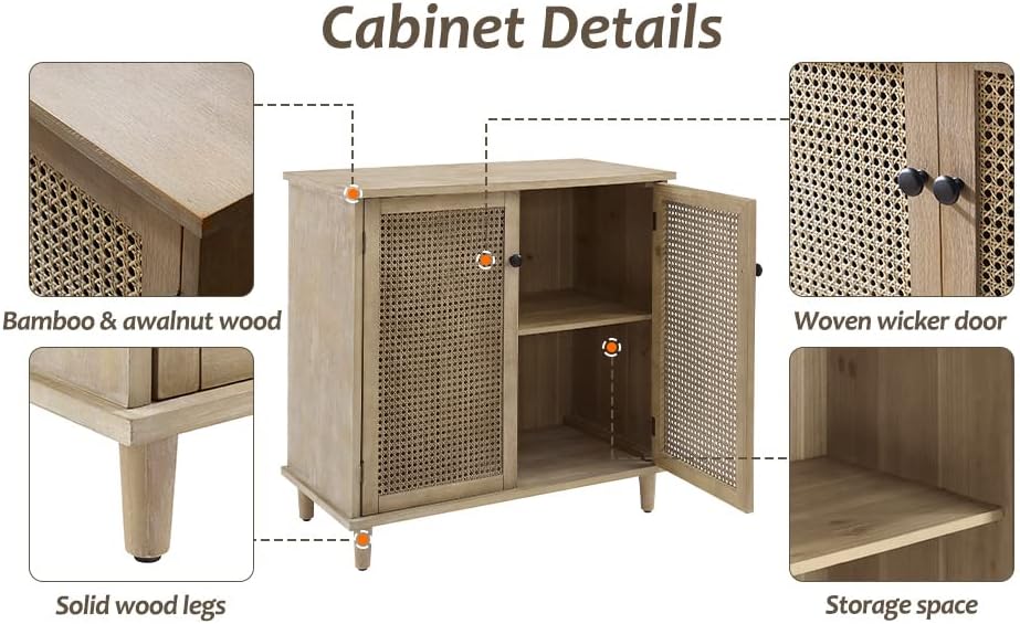 Miniatura 2 de Zouron Armario moderno de ratán de 32 pulgadas, gabinete de almacenamiento de cocina con 2 puertas de mimbre, armario de buffet, baúl de
