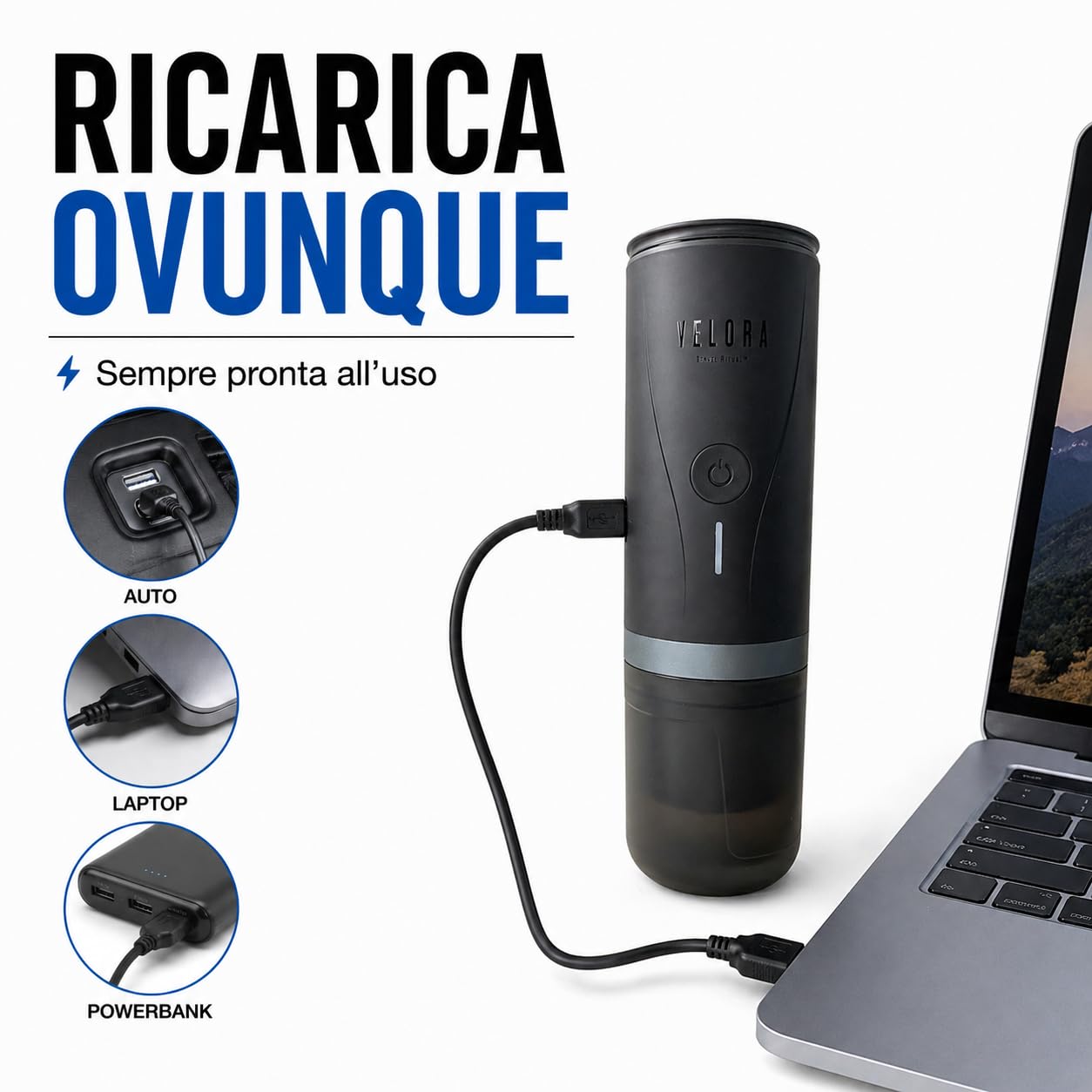 Generico VeloraTravelRitual Macchina Caffè Portatile – Espresso Ovunque, Compatibile Capsule e Macinato, Ricarica USB, Ideale per Auto, Viaggi, Camper e Outdoor