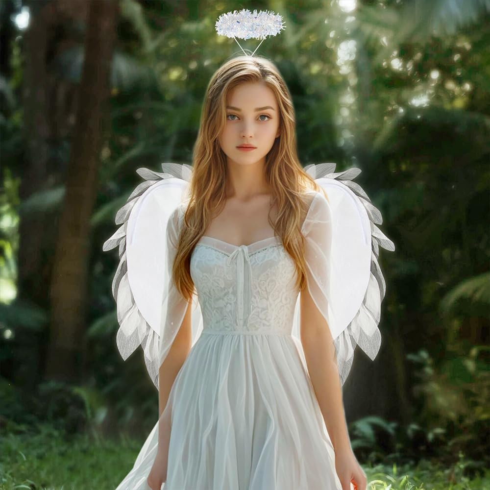 Anbaby Chiffon Engelsflügel Kostüm Zubehör schwarz oder weiß gefiederte Flügel Halloween und Cosplay Requisiten