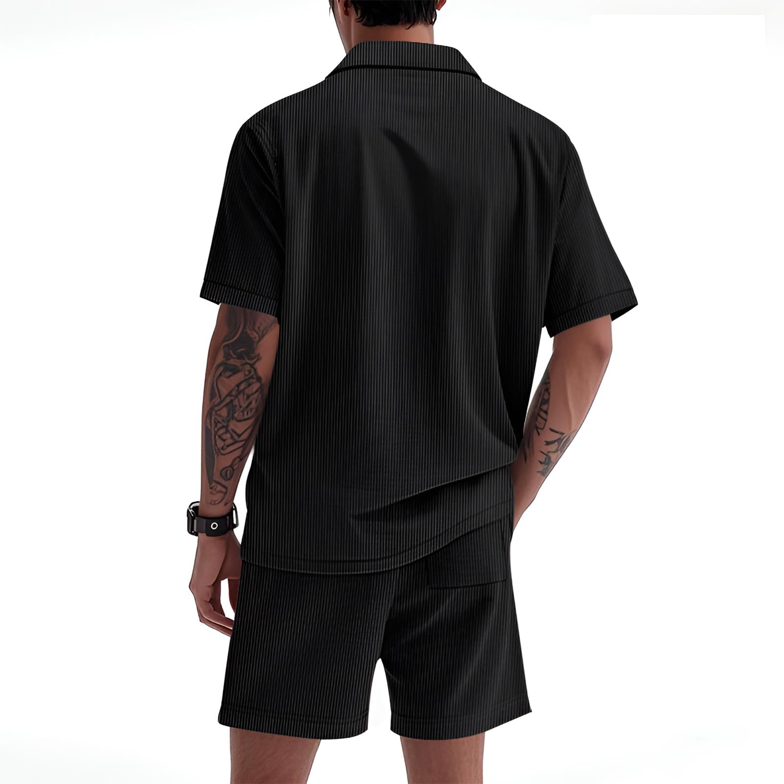 amropi Uomo Tuta Pantaloncini 2 Pezzi Corduroy Maniche Corte Camicia Bottone Estiva Sportiva Completo
