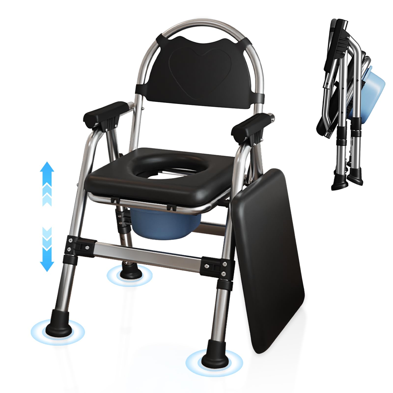 Sedia Comoda WC per Anziani Pieghevole, Regolabile in Altezza Sedia WC con Imbottito e Secchio Rimovibile, Antiscivolo Sedia per Doccia Portata Fino a 200 kg per Disabili, Donne in Gravidanza