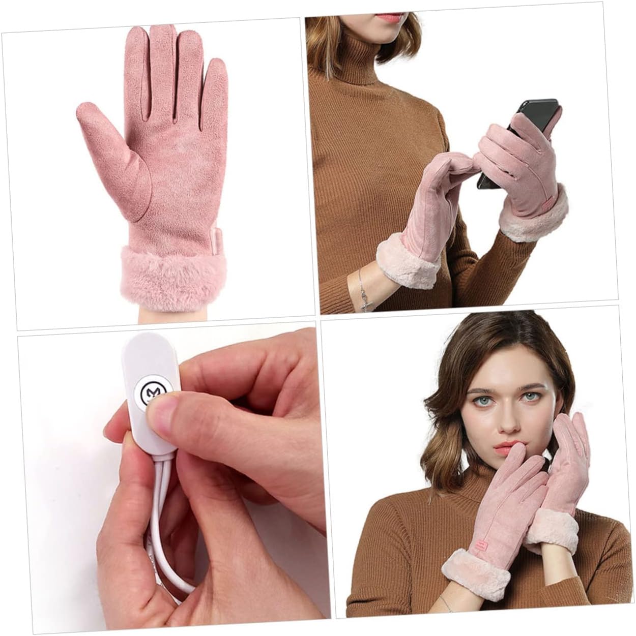 Kisangel 2 Sets USB Heated Gloves Hand Warmers Rechargeable Work Gloves Winter Recharge Hand Warmer Electric Heated Winter Women Suede Leather Outdoor Sports ski