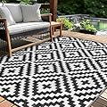 Outdoor Patio Plastic Straw Rug - 5x8 ft Outdoor Camping Rug Waterproof Reversible, Area Carpet Patios Clearance RV, Outside Porch Balcony Deck for Camper, Black & White