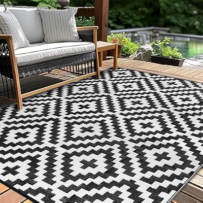 Outdoor Patio Plastic Straw Rug - 5x8 ft Outdoor Camping Rug Waterproof Reversible, Area Carpet Patios Clearance RV, Outside Porch Balcony Deck for Camper, Black & White