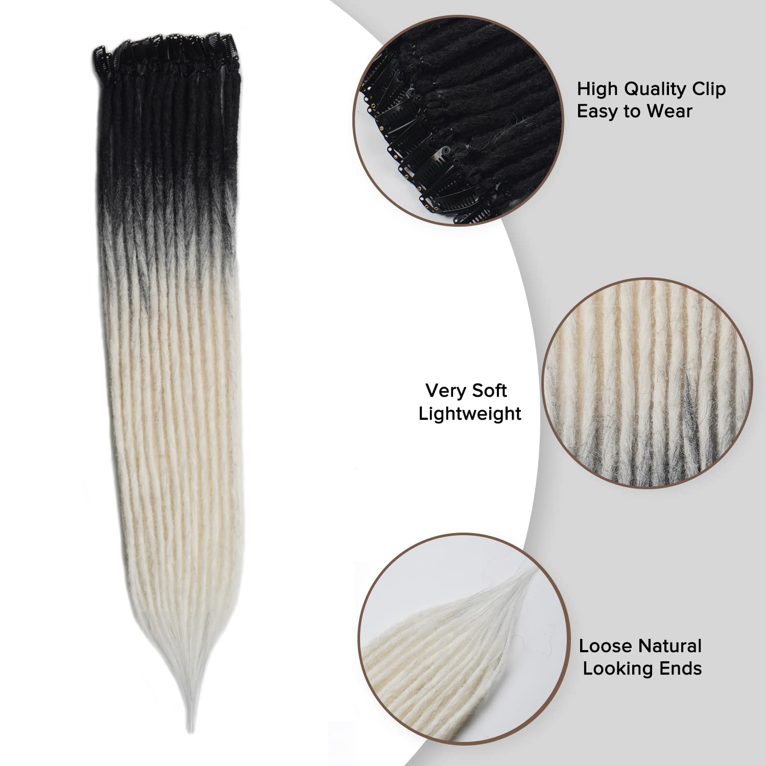 6pcs Thin Dreadlock Extensions Clip In 24 Inch Ombre White