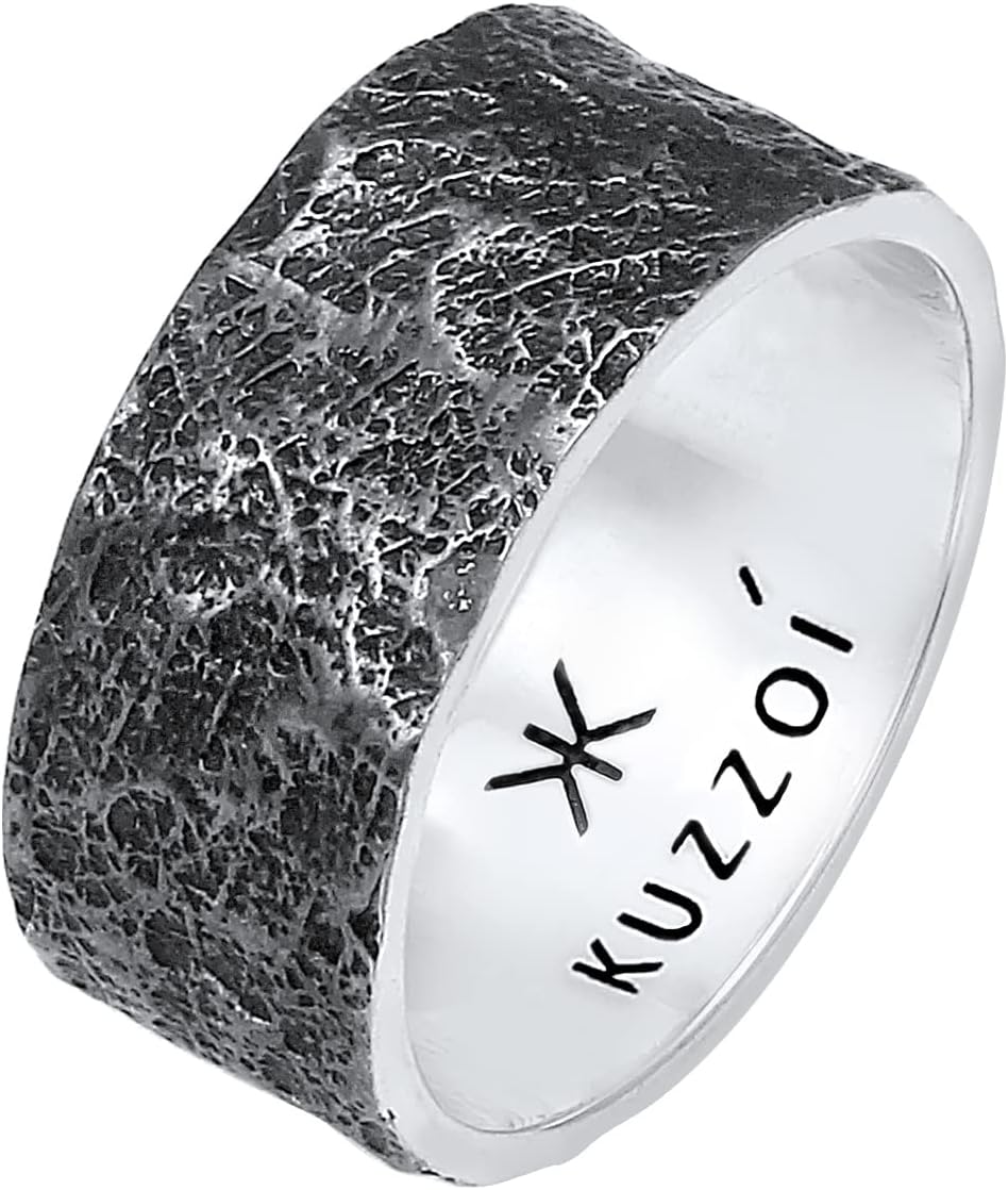 Men's ring (10 mm) solid hand forged, band ring for men made of 925 sterling silver, cool silver ring in used look, ring with rustic structure, oxidised, ring size 60-66, 0609652220