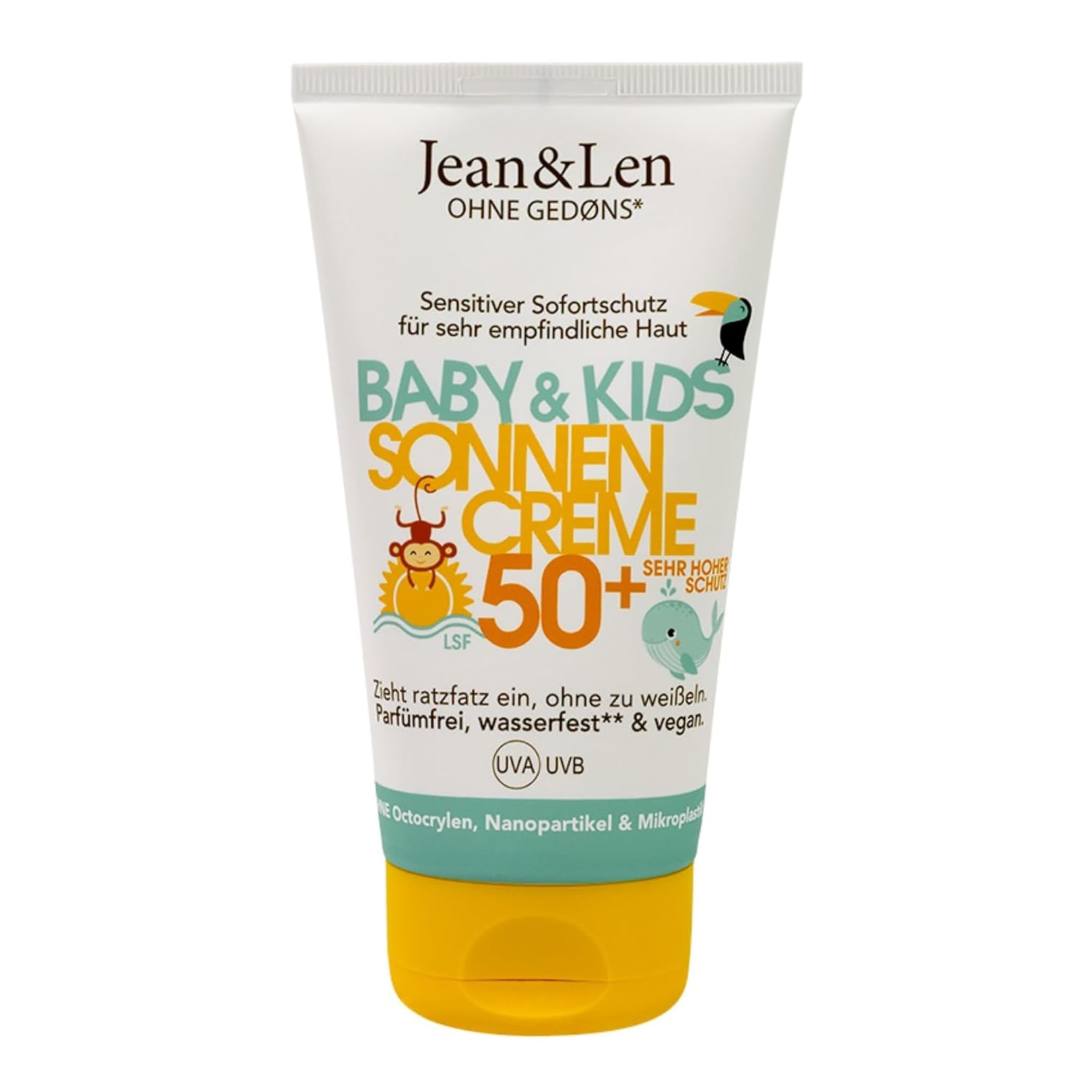Jean & Len Sensitiv Sonnencreme Baby & Kids 50+ LSF, parfümfrei, wasserfest, für empfindliche Kinderhaut ab 6 Monaten, ohne Mikroplastik, Octocrylen, Duftstoffe, vegan, Kindersonnencreme, 150ml