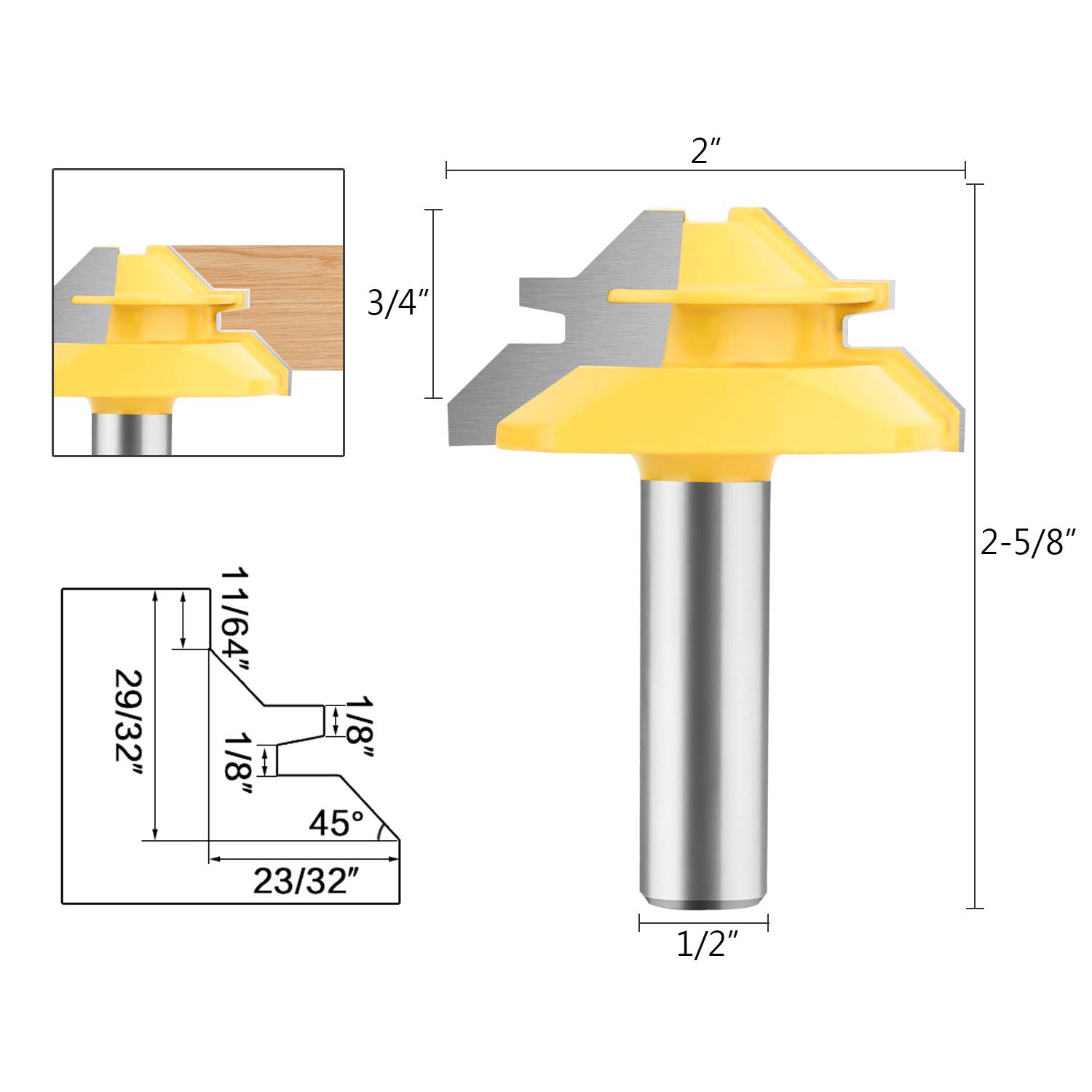 45 Degree Lock Miter Router Bit Set - Carbide Tipped, 1/2" Shank, 3/4" Cutting Height For Woodworking