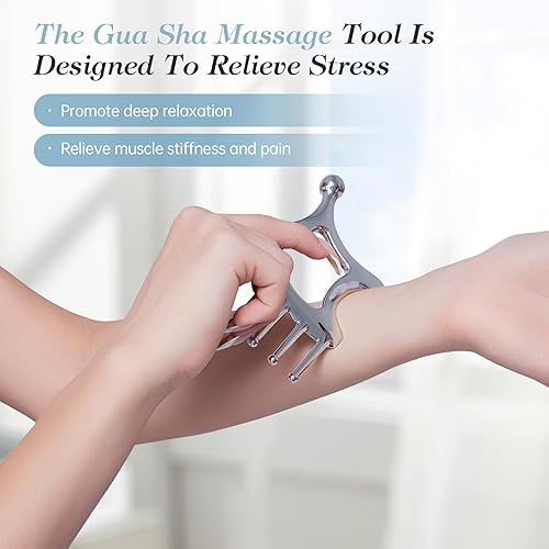 Miniatura 7 de Herramientas faciales de metal Gua Sha, herramienta portátil de masaje del cuero cabelludo, peine de masaje 5 en 1 para cabeza, cuello, hombros,