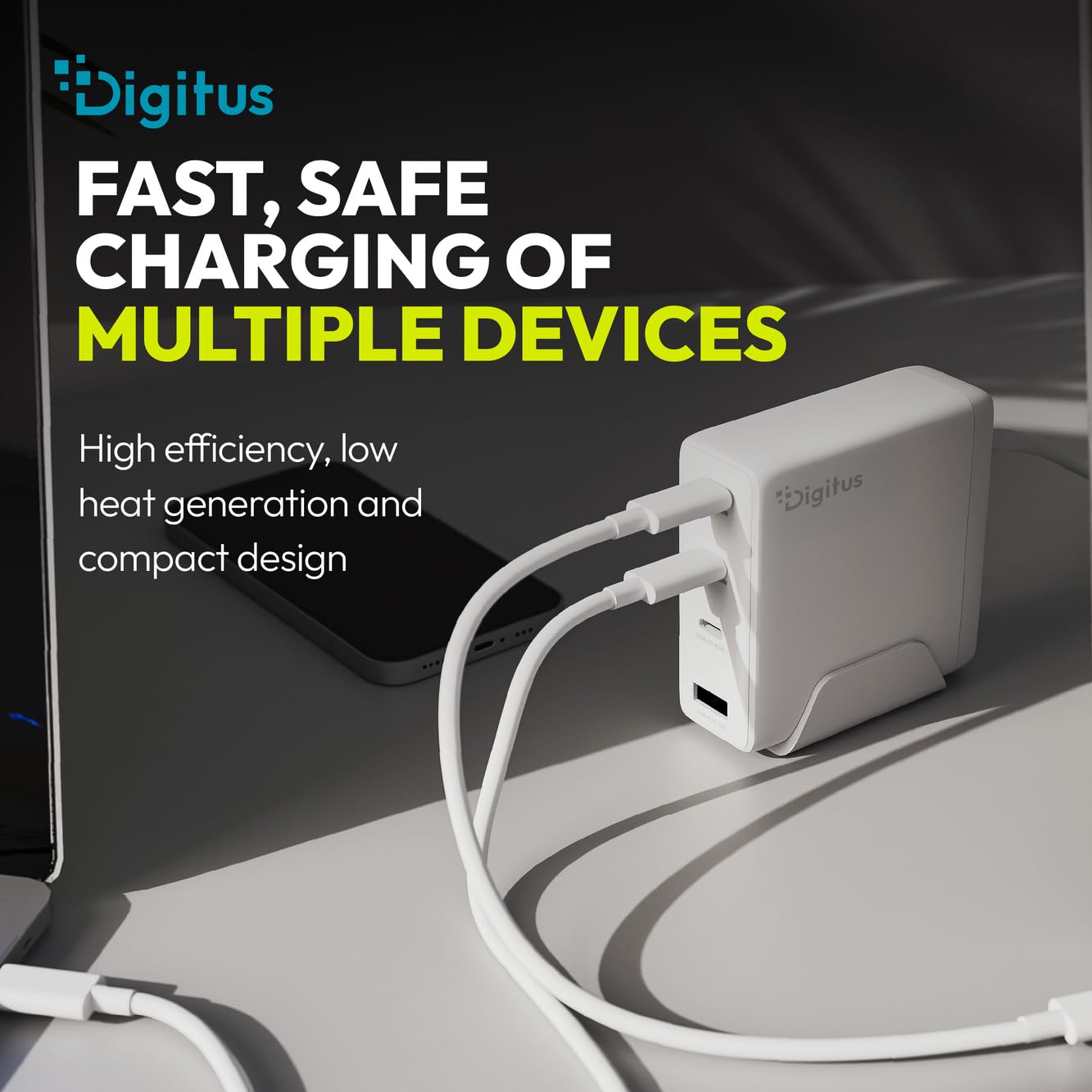 DIGITUS Caricabatterie USB-C GaN II – 3x USB-C e USB-A – 3 porte – fino a 140 W – Caricabatterie rapido – Adatto per laptop, cellulari, tablet, smartwatch, cuffie, powerbank – Bianco