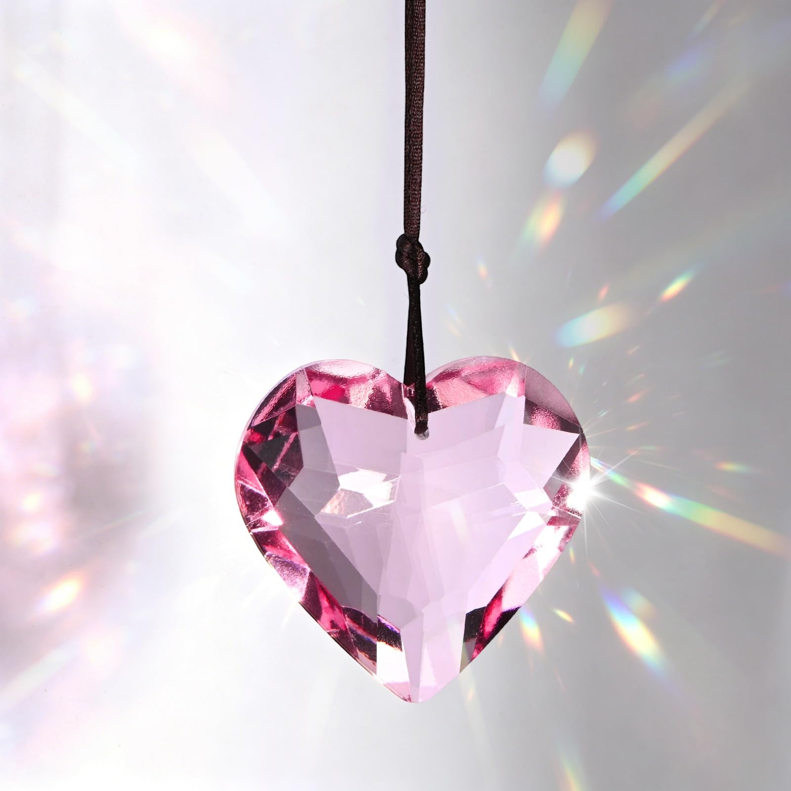 M METERXITY 1-Pack Colorful Garden Suncatchers with Chain Pendant Ornament, 1.7 Inch Hanging Crystals for Windows, Heart Glass Suncatcher for Indoor and Outdoor Decoration [Pink]