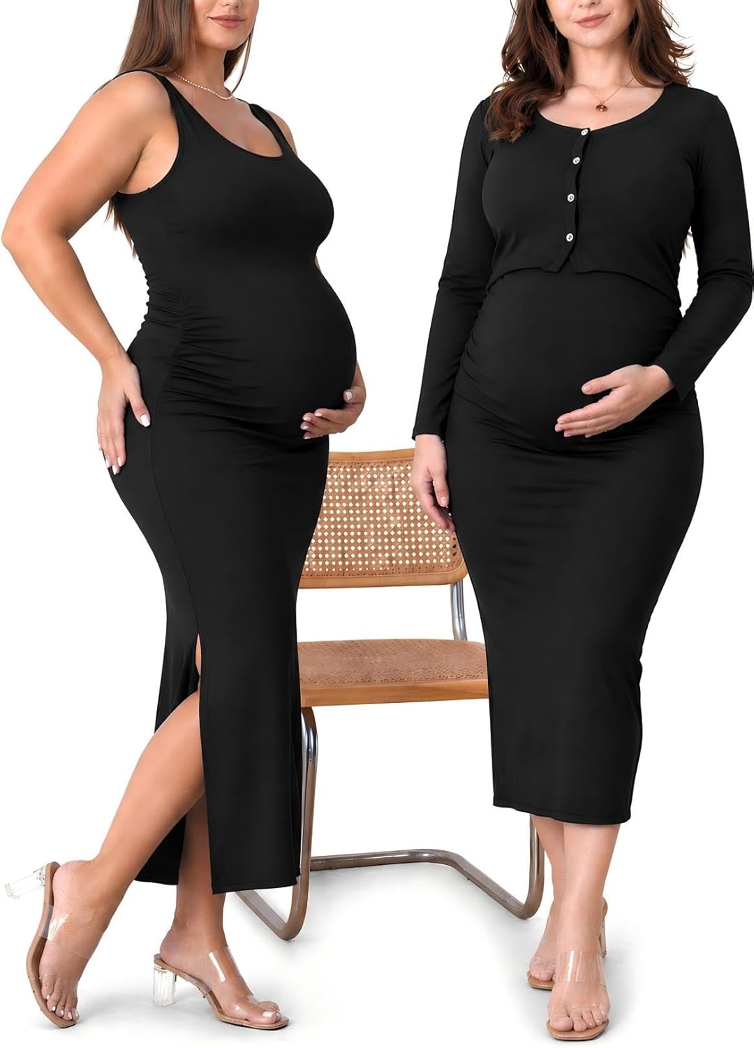 Rnxrbb 2 PCS Spring Summer Maternity Dress Cardigan Bodycon Short Tank Maternity Dresses Button for Women Long Sleeve
