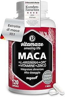 Maca Peruviana + Testosterone Massa Muscolare con L Arginina, OPC Resveratrolo con Vitamina B6, Vitamina B12 + Zinco, 120 Capsule di Integratore Sessuale Uomo Vegan, Qualità Tedesca. Vitamaze®