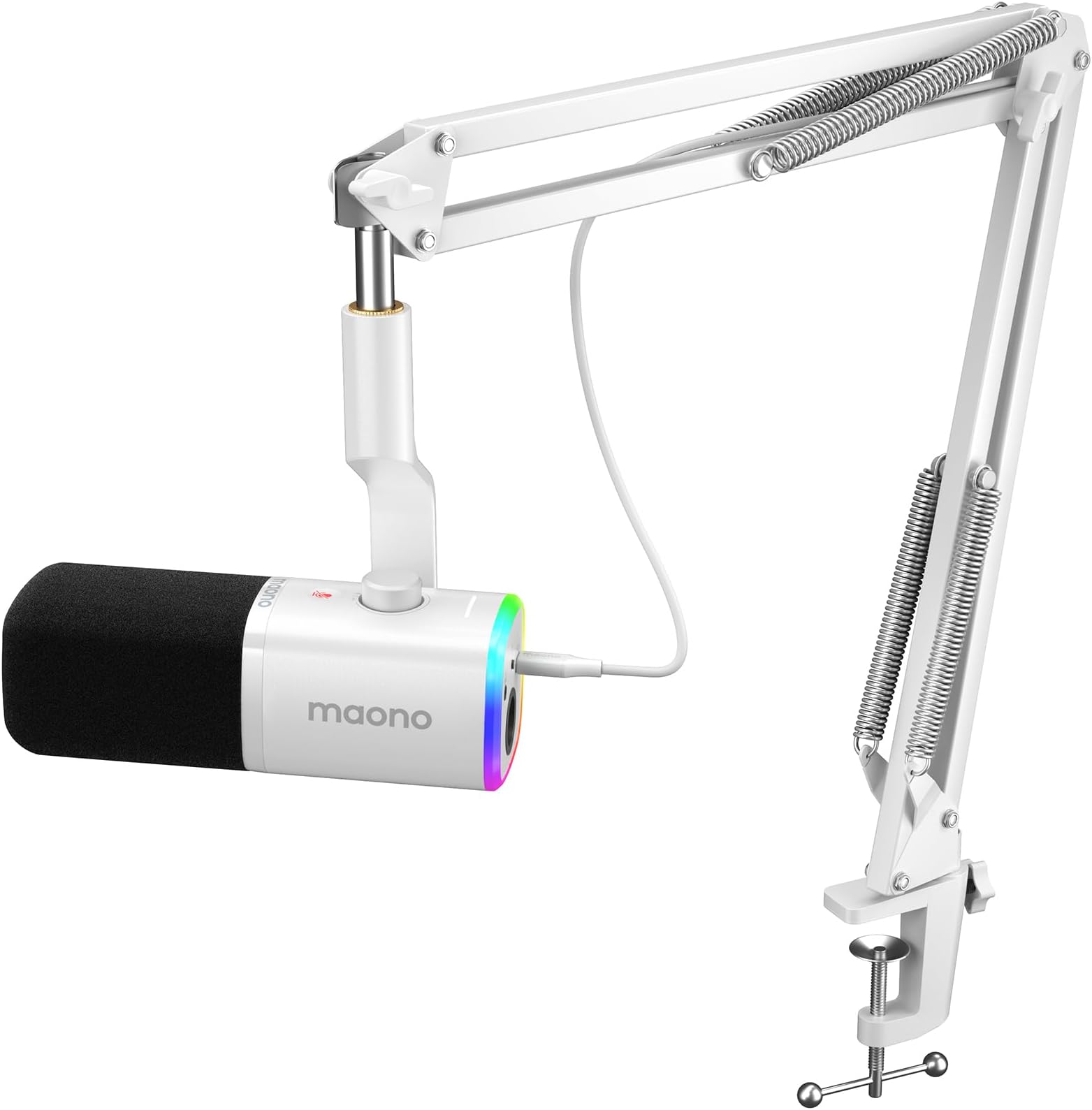 MAONO XLR/USB Gaming Microphone for PC, Dynamic Computer Mic for Streaming Podcasting, Noise Reduction, Mute, Volume Control, RGB Boom Mic for Vocal Recording,Voice-Over, PD100XS White