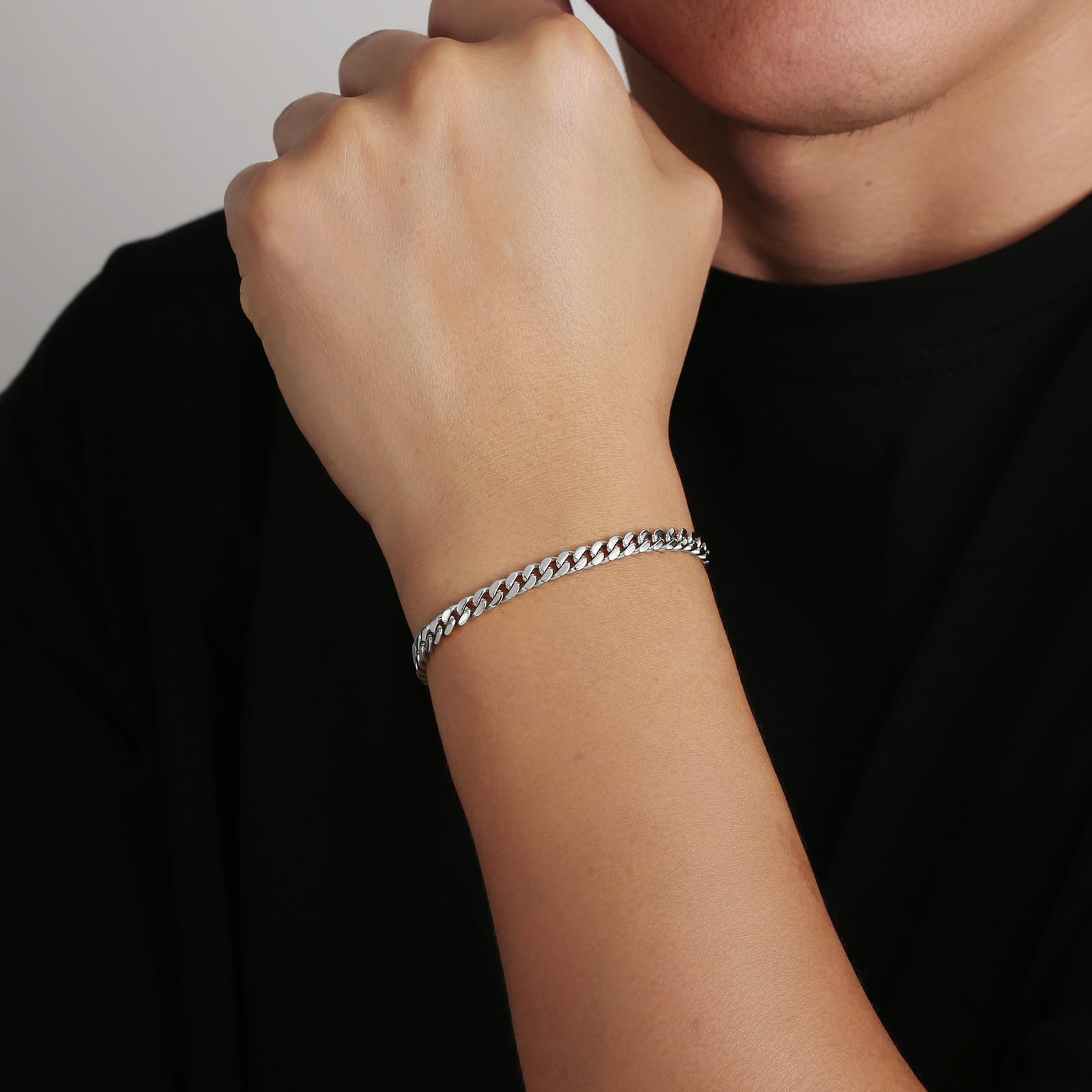 KRKC Herren Schmuck Set, Silber Farbe Edelstahl 5mm Cuban Armband 20,3cm & 6mm Cuban Link Chain Halskette 55,9cm, Panzerkette Nickel-frei Rostfrei, Vatertag Geburtstag Geschenk für Männer