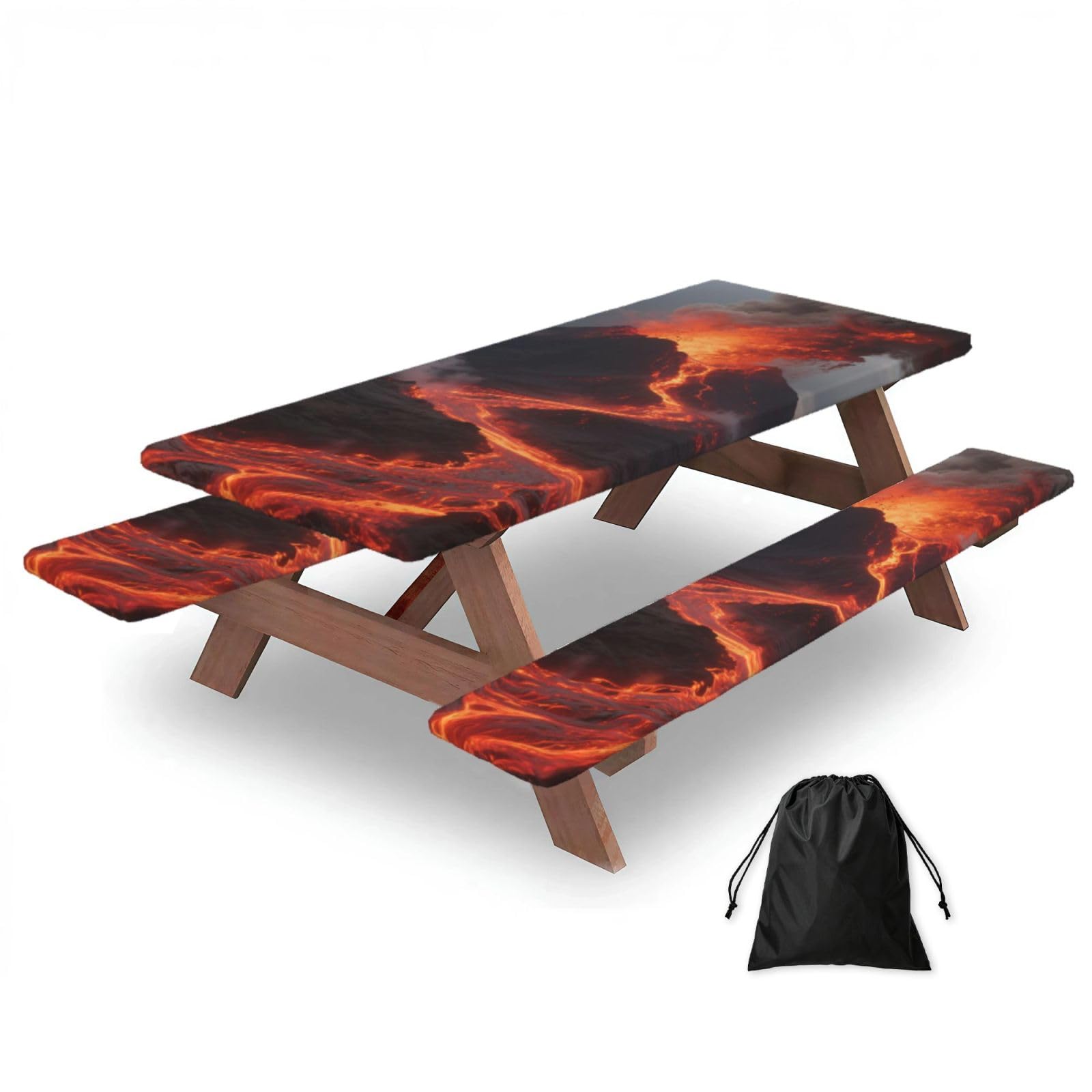 FekiLoot Volcano Picnic Table Cover with Bench Covers and Bag, Windproof Waterproof Rectangle Tablecloth with Elastic Edges Fitted Camping Table Covers Portable Camping Accessories