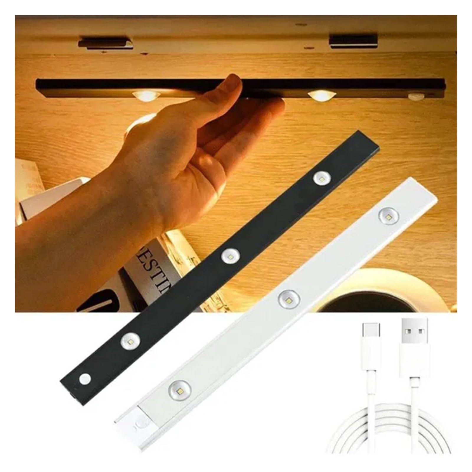 Sensor De Luz Nocturna LED USB, Enfriadora Vino Inalámbrica Ultrafina For Armario Cocina, Dormitorio, Iluminación Interior Detector De Movimiento(300mm-Silver,1Pcs)