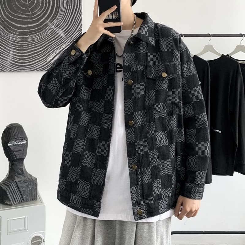Men's Checkerboard Plaid Denim Spring And Autumn Loose Work Korean Style Mens Graphic Jean Jacket