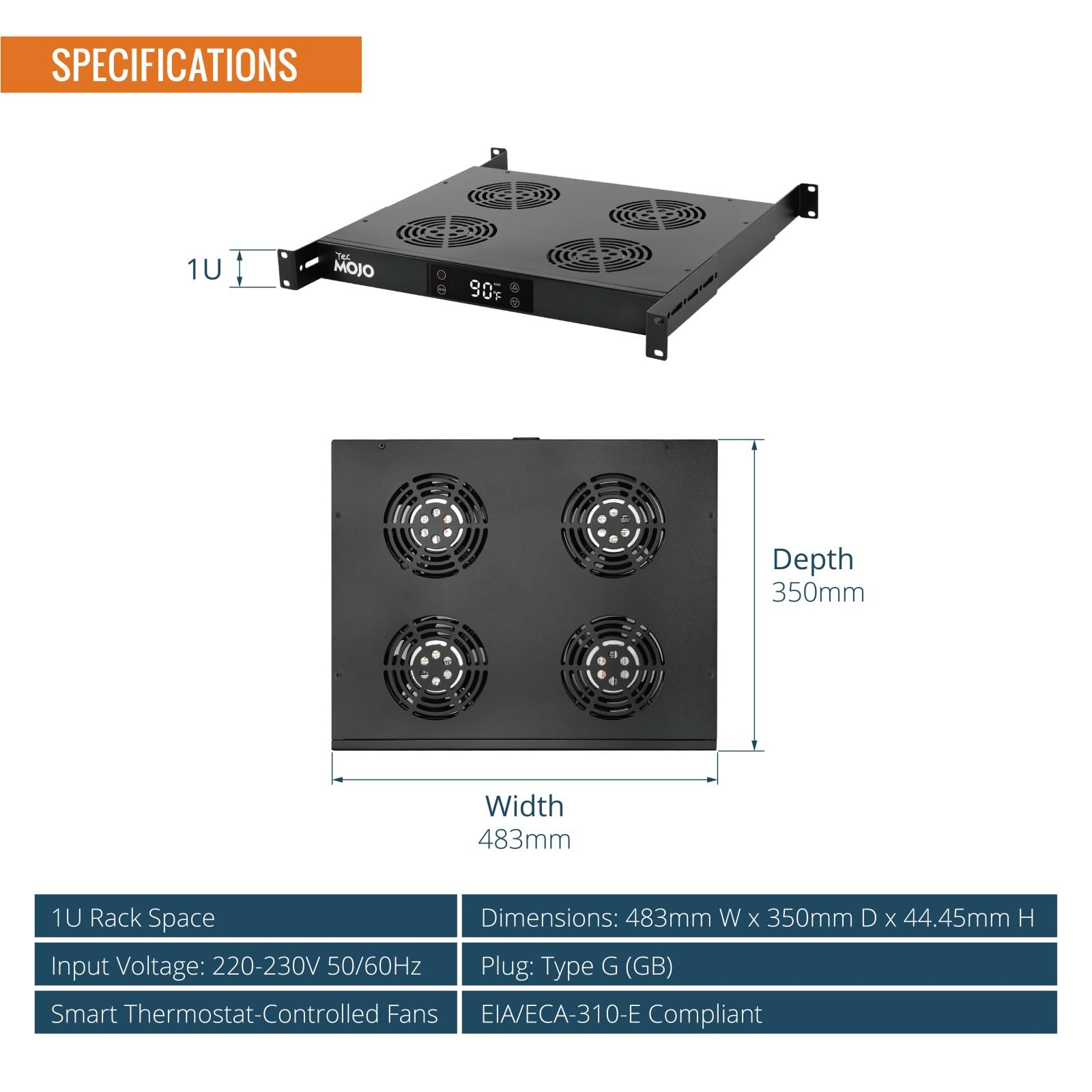Tecmojo Modulo di Ventilazione da 1U per Rack da 19 Pollici con 4 Ventole, Supporto per Ventole con Guida Regolabile per Profondità da 350mm a 750mm, Nero