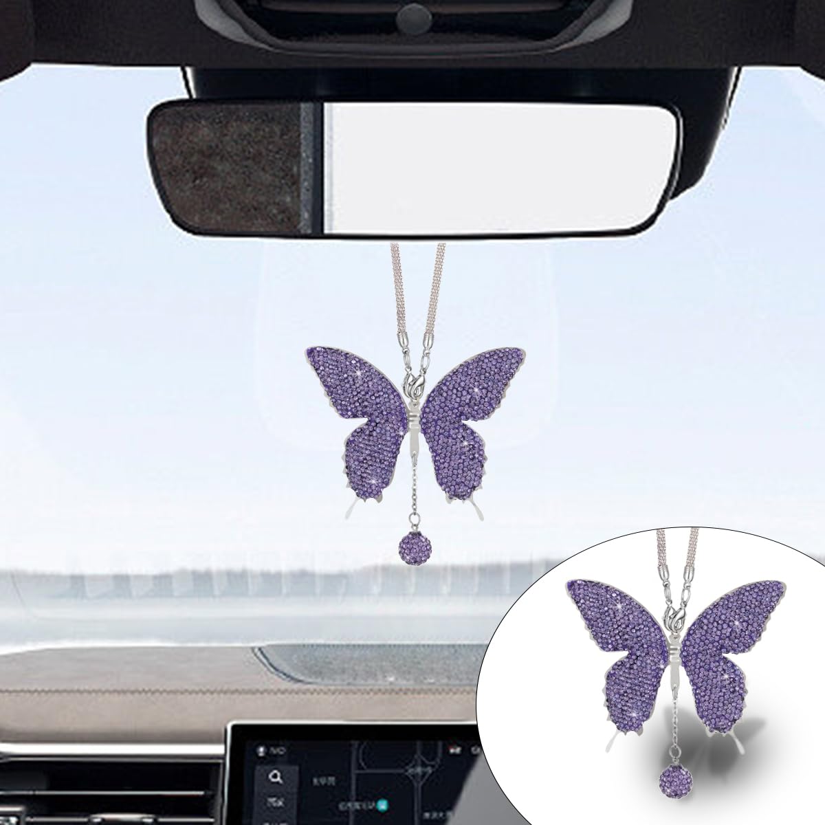 Bling Butterfly Diamond Car Hanging Accessories, Crystal Butterfly Rear View Mirror Lucky Car Decoration Accessories for Women, Valentine's Day Gifts Ornament Pendant for All Cars (Purple)