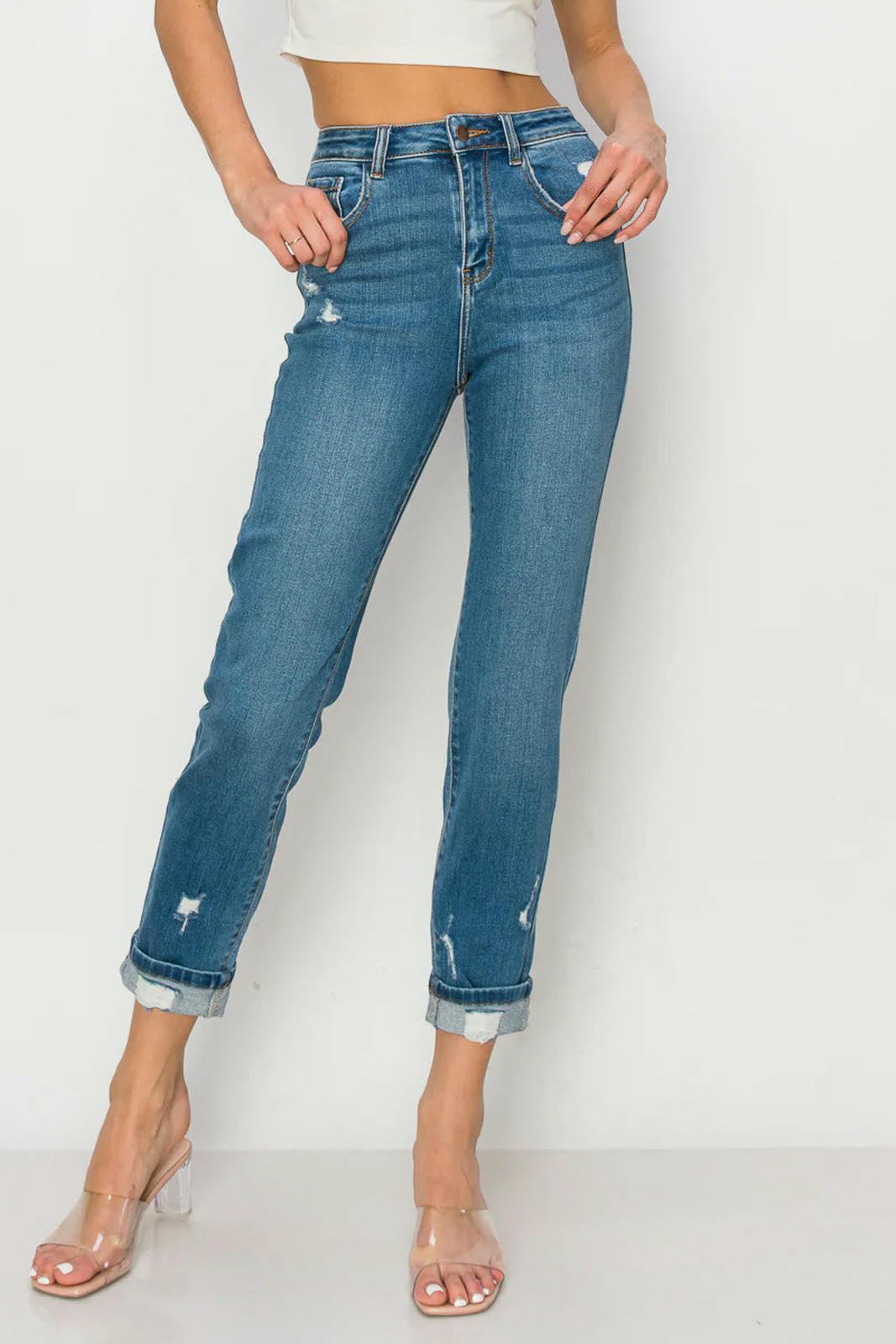 Jeans Donna High Rise Distressed Stretch Denim Pantaloni-Blu-XL