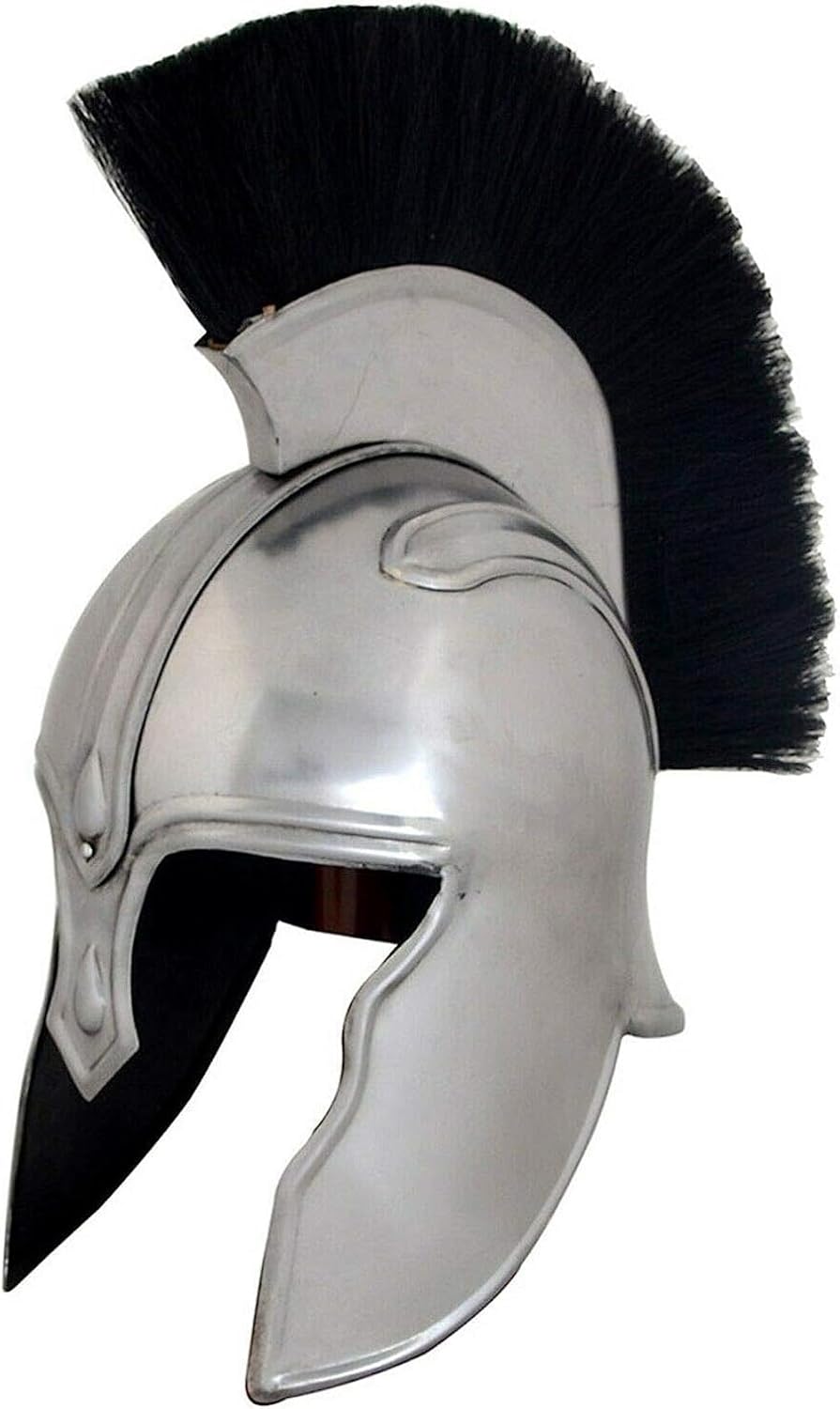 AnNafi® Achilles Troy Armor Helmet | Medieval Knight Armor Costume| Metal Replicas LARP Reenactment Men Costumes Helm Armour SCA Replica Costumes| Iron Steel Silver Helmet with Black Plume Adult