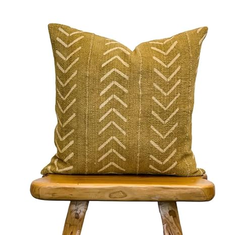 TEHRJJV Mustard Yellow Mud Cloth Throw Pillow Cover with White Arrows, Authentic Handwoven