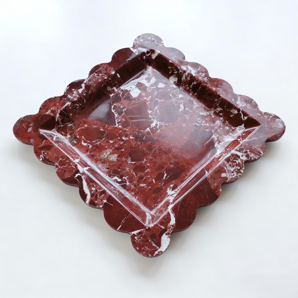 Decorative Marble Vanity Tray, Square with Scalloped Edge, Purple Red and White, Jewelry and Home Decor Organizer (Purple red)