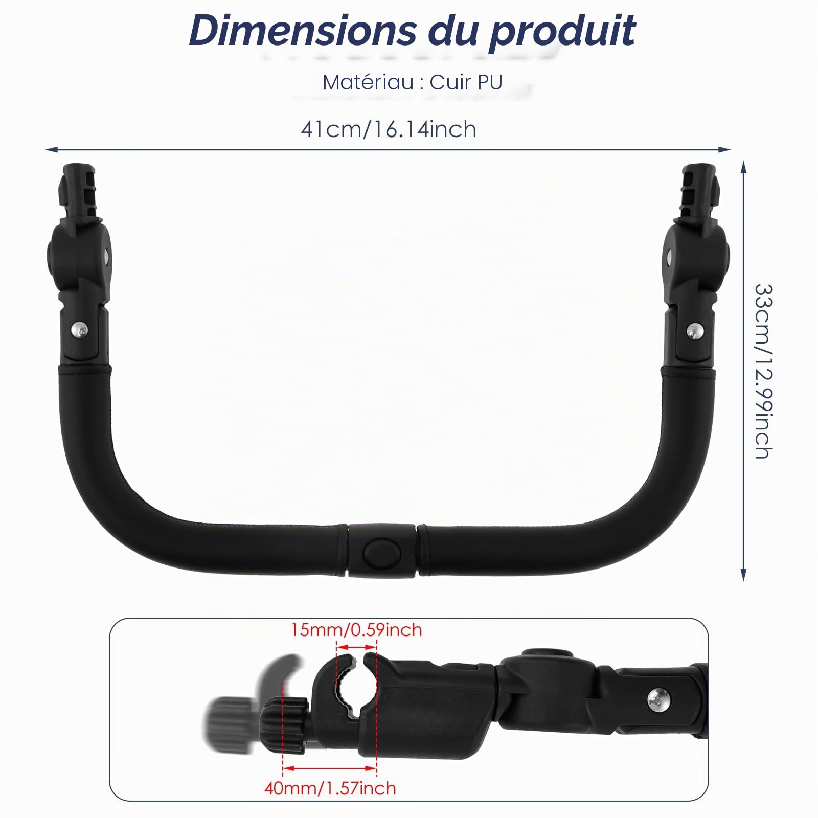 Barre de pare-chocs pour poussette 37 x 31 cm angle réglable accoudoirs poignée de poussette ultra sûre stable robuste cuir PU poussette multifonction pour la plupart des poussettes