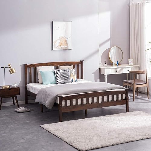 Miniatura 5 de Marco de cama de madera tamaño matrimonial, cama de plataforma de madera dura con cabecero y estribo, no necesita somier, fácil montaje, nogal