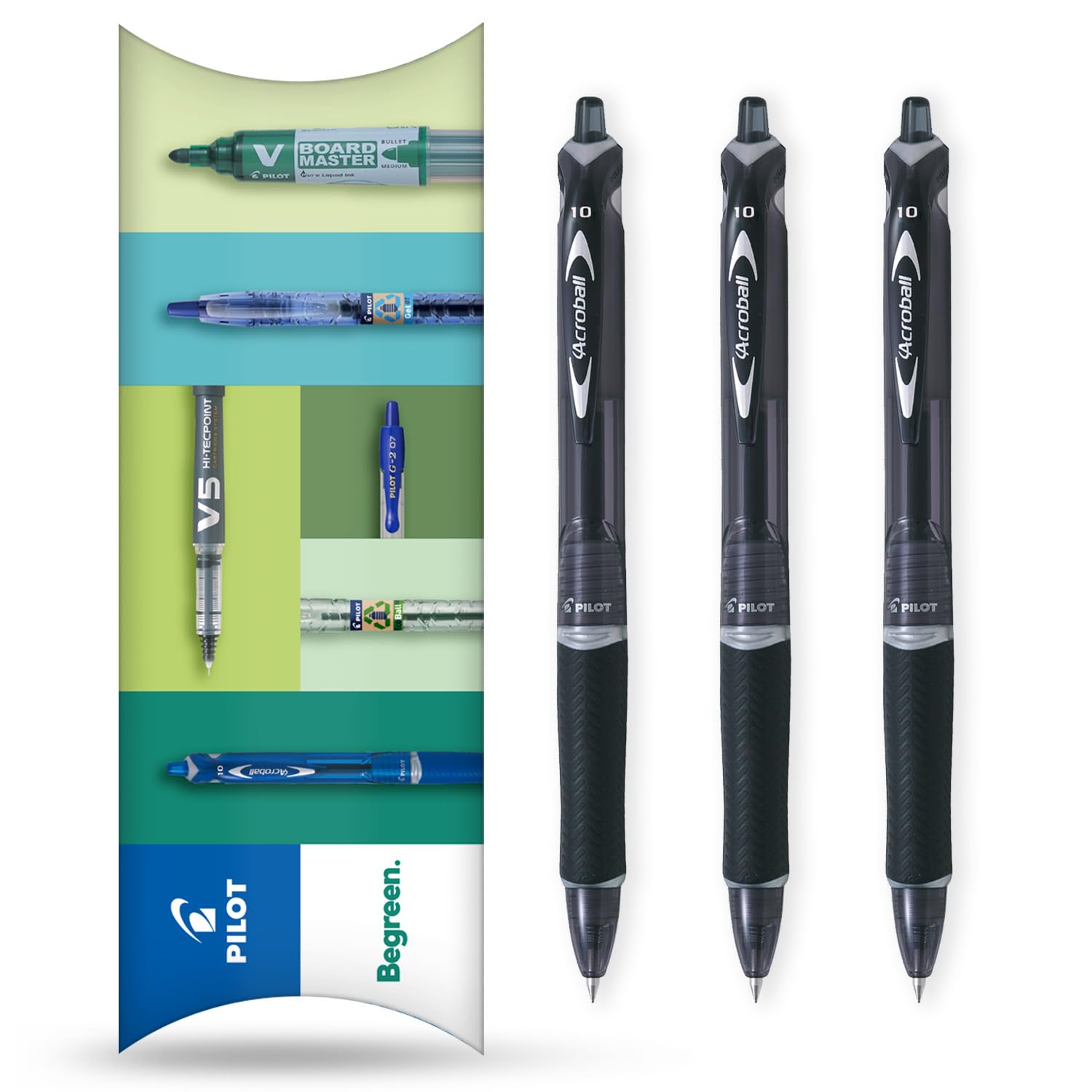 PILOT Acroball Retractable Ballpoint Pen, Begreen Range 79% Recycled, Pack of 3 Pens, Medium 1.0mm Nib