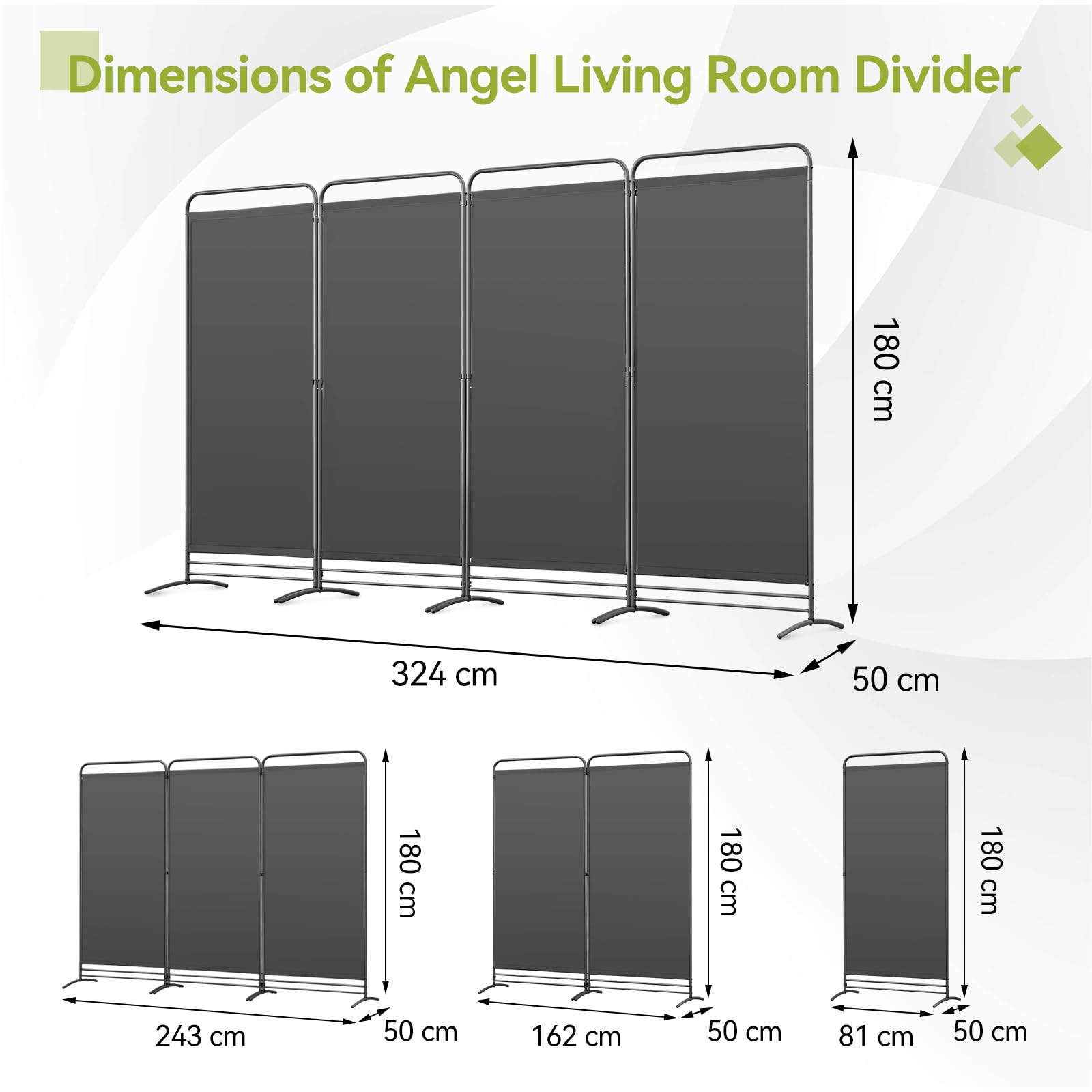 Angel Living Paravent 4 Panneaux Pliable Diviseurs de Chambre Séparateur de Panneaux Indépendant Paroi de Séparation Murale Séparation Visuelle pour Bureaux, Chambre à Coucher, 180 x 324cm (Gris)