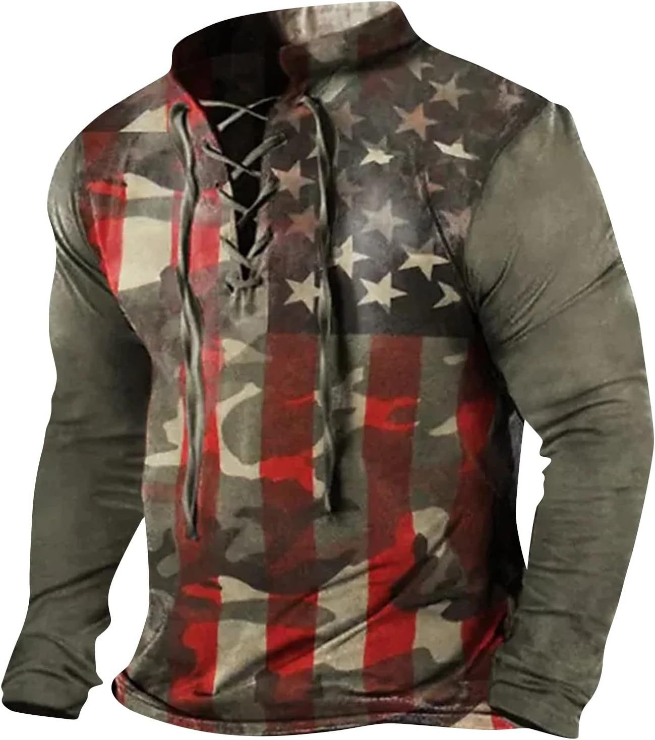 Men's Western Aztec Sweatshirts Retro Tactical Tops Long Sleeve Lace Up Pullover Loose Ethnic Print Graphic Shirts