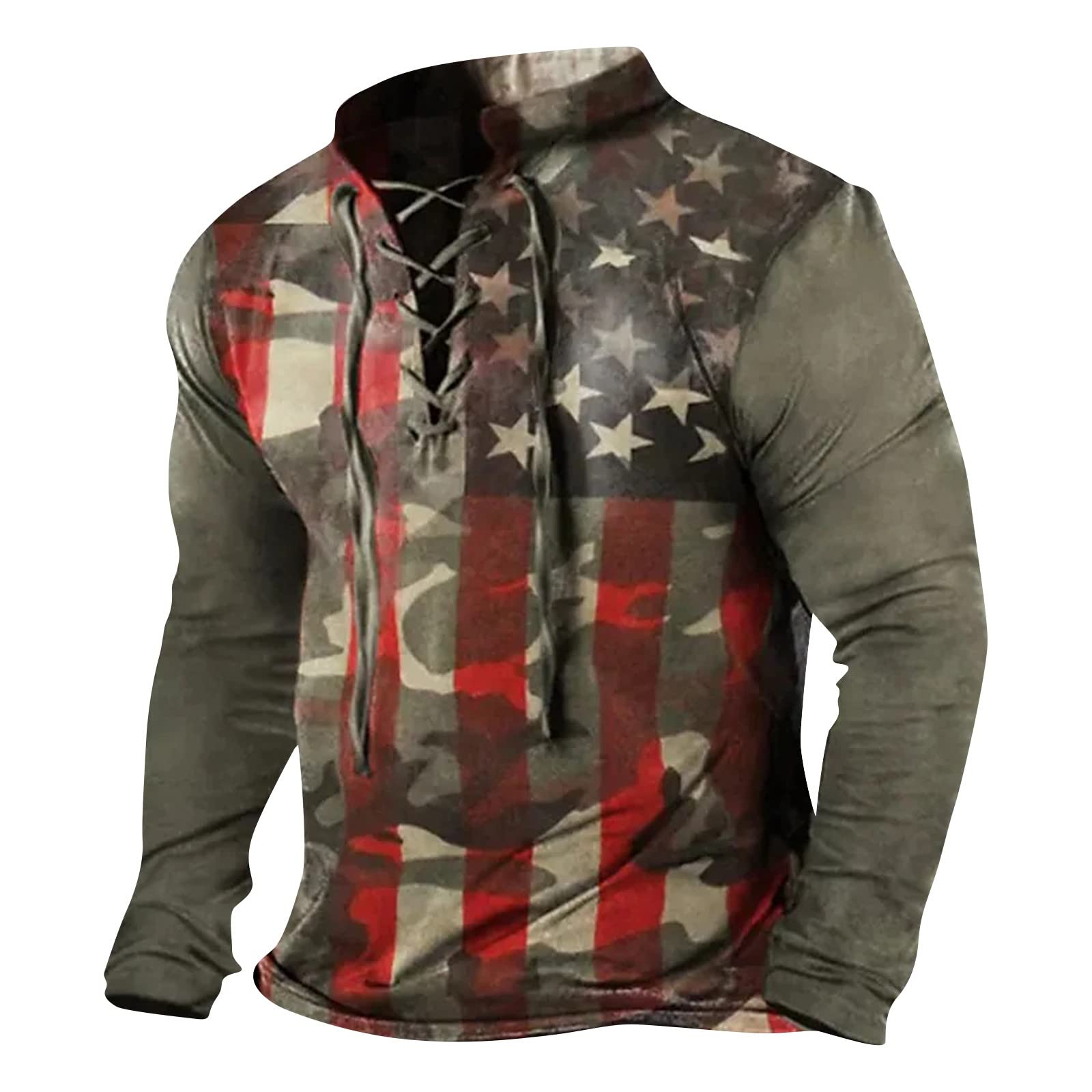 Men's Western Aztec Sweatshirts Retro Tactical Tops Long Sleeve Lace Up Pullover Loose Ethnic Print Graphic Shirts