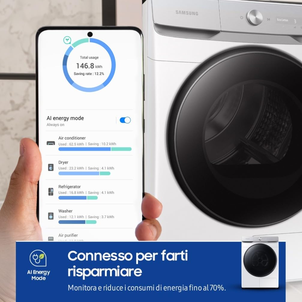 Samsung Asciugatrice DV16DG8600BW/U3, 16 kg, Pompa di Calore, Wifi, AI Dry, Programma Igienizzante, Carica Frontale, 68,6L x 98,4H x 84,4P cm