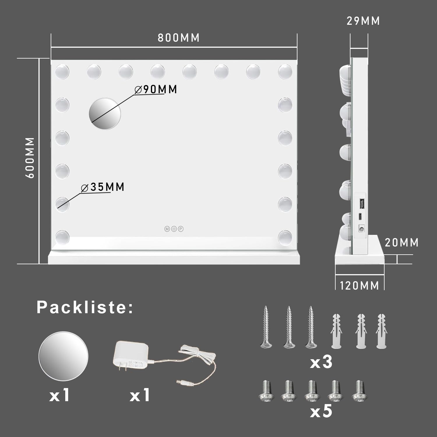 LISA Hollywood Schminkspiegel mit Beleuchtung 80x60 cm USB Type C Ausgangsanschluss, 3 Modi Helligkeit Einstellbar Tischspiegel, Groß Make Up Spiegel mit Licht Weiß 18 LED Lampen für Tisch/Wand
