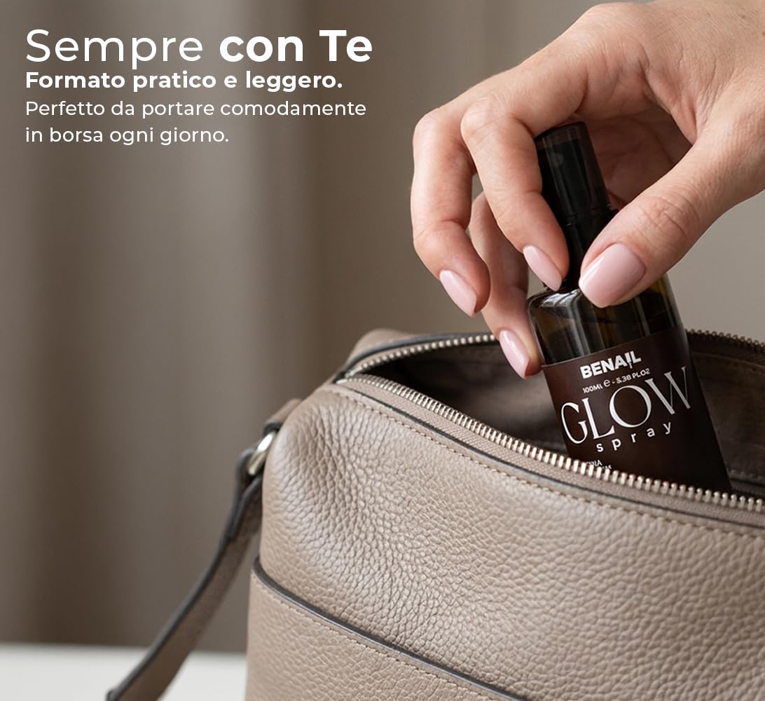Benail | Glow Spray Idratante Mani e Unghie con Acido Ialuronico e Cheratina, crema mani antiage, Trattamento Cuticole Profumato, lentivo, idratante con Asciugatura Rapida, Made in Italy
