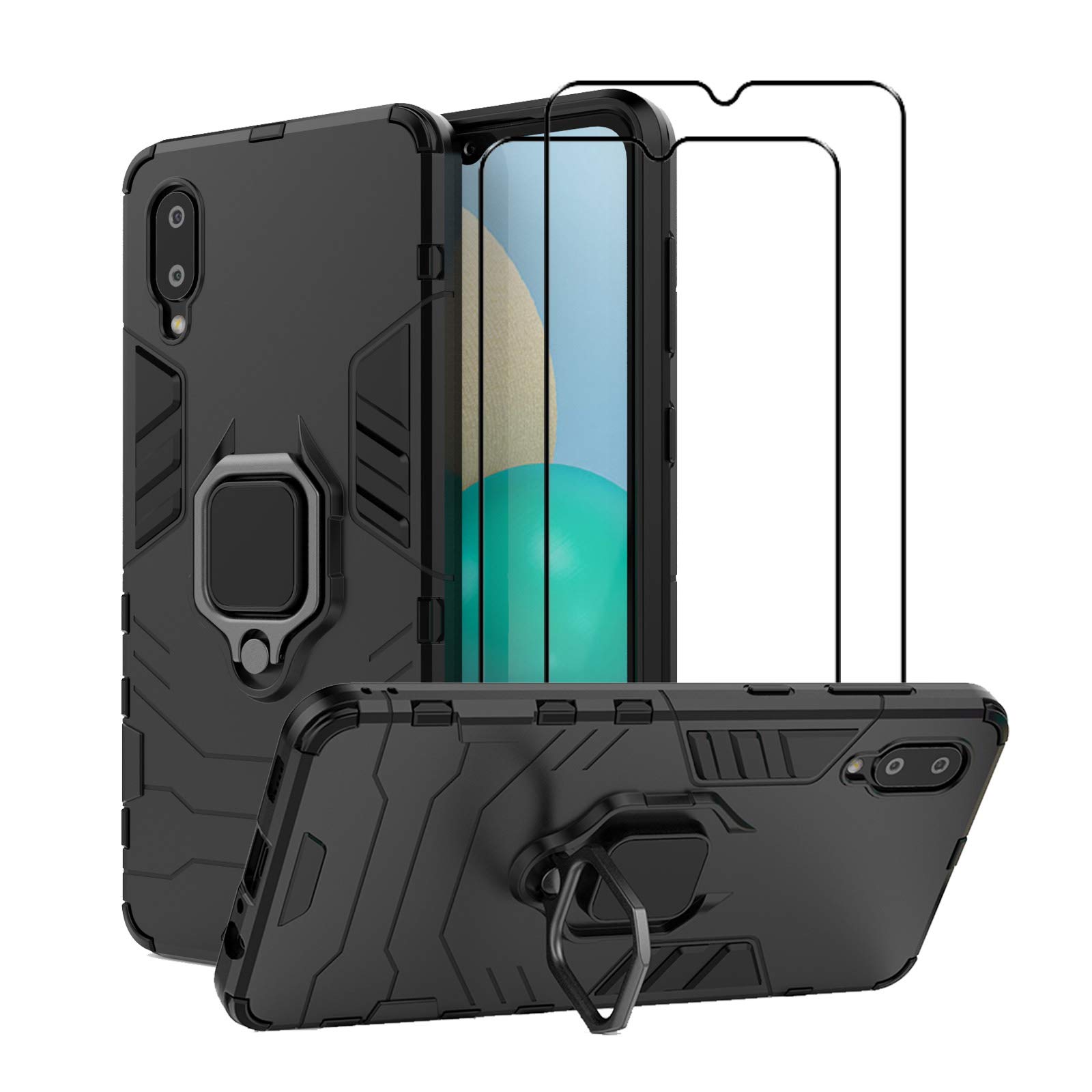 EasyLifeGo for Samsung Galaxy A02 / Galaxy M02 Kickstand Case with Tempered Glass Screen Protector [2 pieces], Hybrid Heavy Duty Armor Dual Layer Anti-Scratch Case Cover, Black