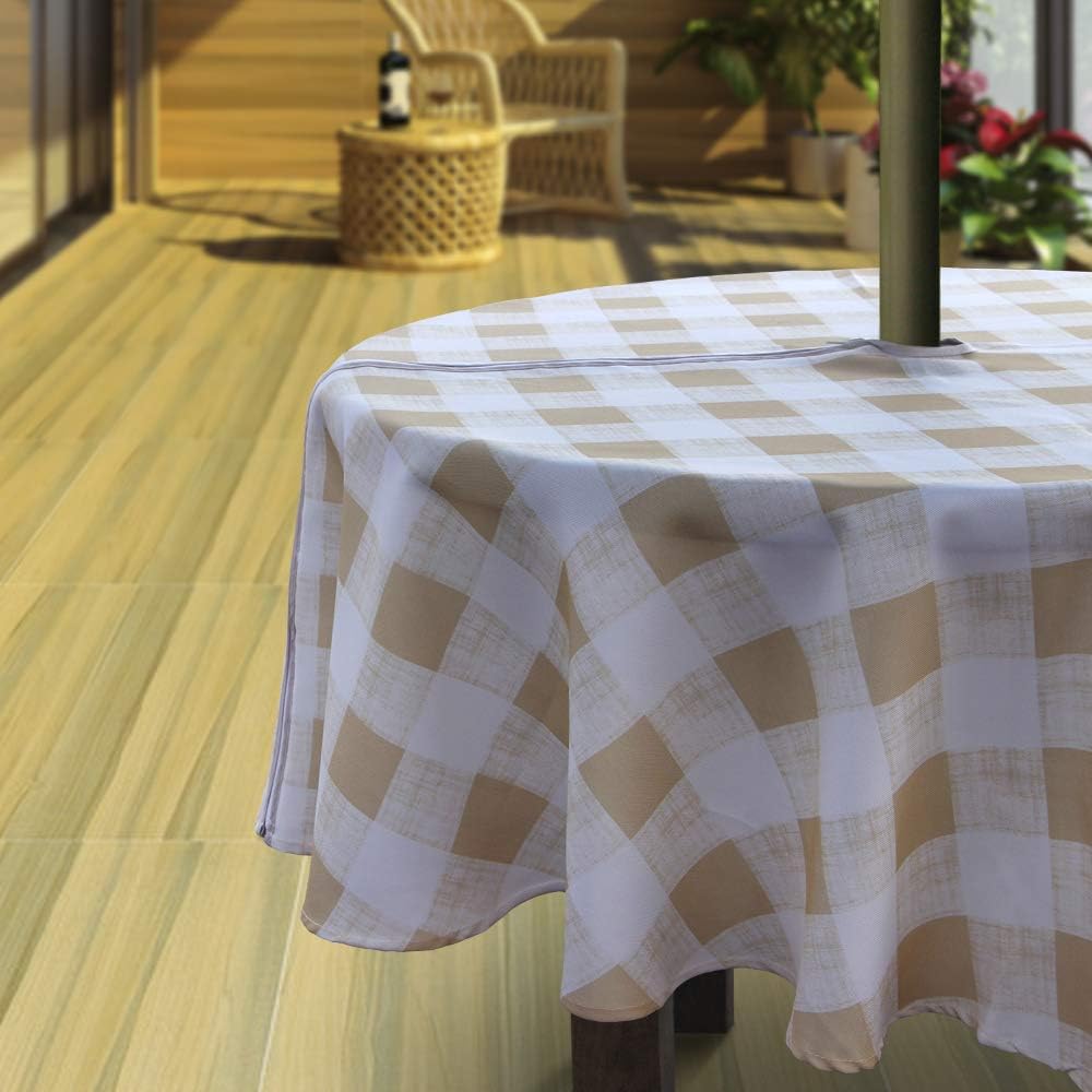 Hipinger Outdoor Tablecloth with Umbrella Hole and Zipper, Patio Table Cloth,Heavyweight Stain Resistant Waterproof,60 Inch Round, Beige Checkered