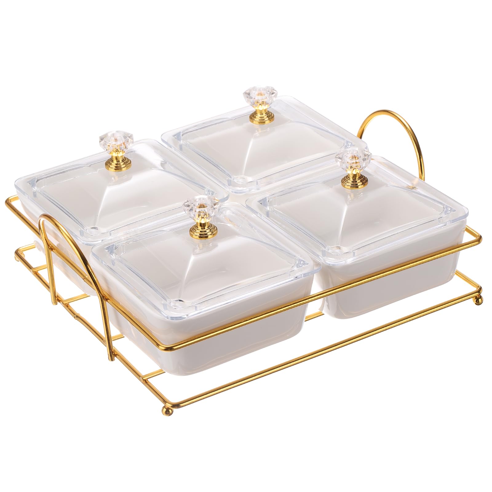 PATIKIL Set of 4 Ceramic Bowl Set with Lids and Metal Tray, White